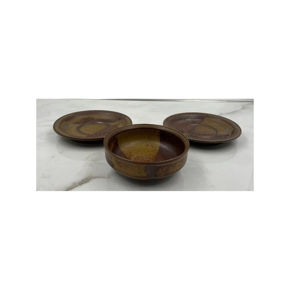 Iron Mountain Stoneware Roan Mountain Brown Bowl and Two Saucers Signed